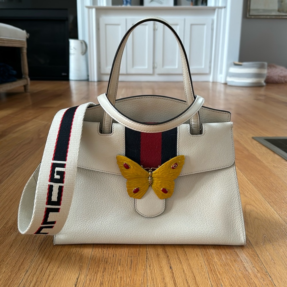 Gucci Linea Medium Totem Web Striped Yellow Butterfly Top Handle Bag